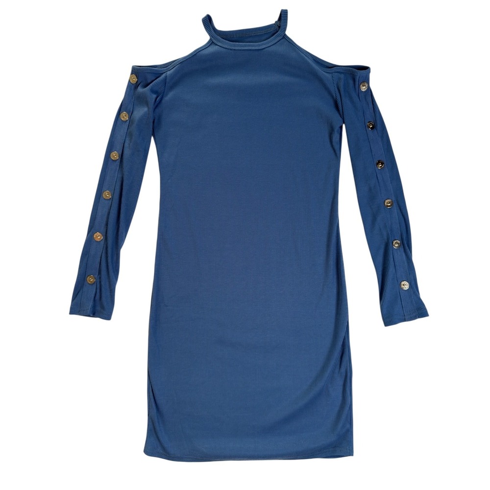 NWOT Cold Shoulder Ribbed Mini Dress M Blue BodyCon Sophisticated Cocktail Edgy